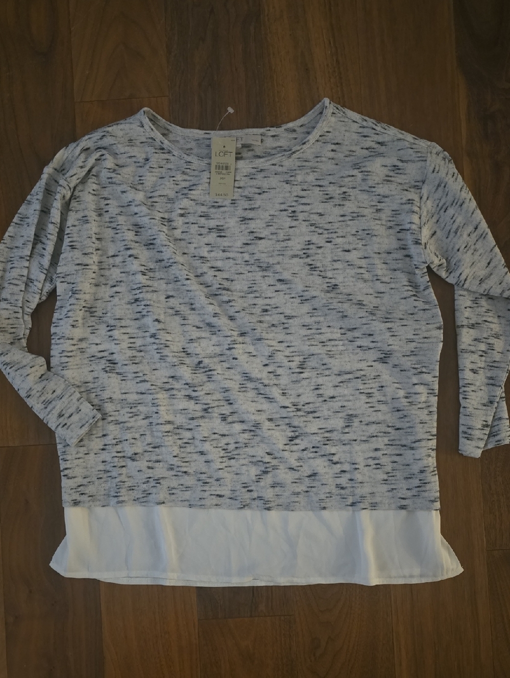 LOFT White Marled Knit Long Sleeve Top with Navy Flecks and White Chiffon Hem